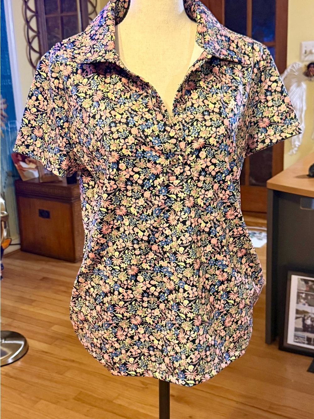 Nautica Floral Button-Down Short Sleeve Shirt - Black, Pink, Blue
